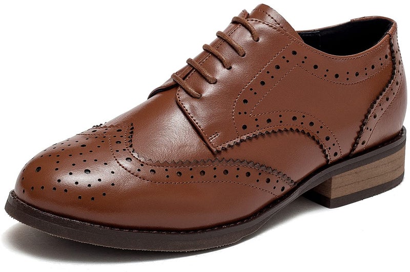 U-lite Women's Brown Perforated Lace-up Wingtip Leather Flat Oxfords Vintage Oxford Shoe BR 7 - Image 1